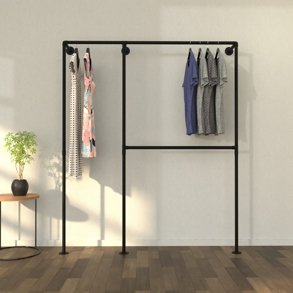 DressDuo wall-mounted double clothes rack, ideal for hanging long dresses.