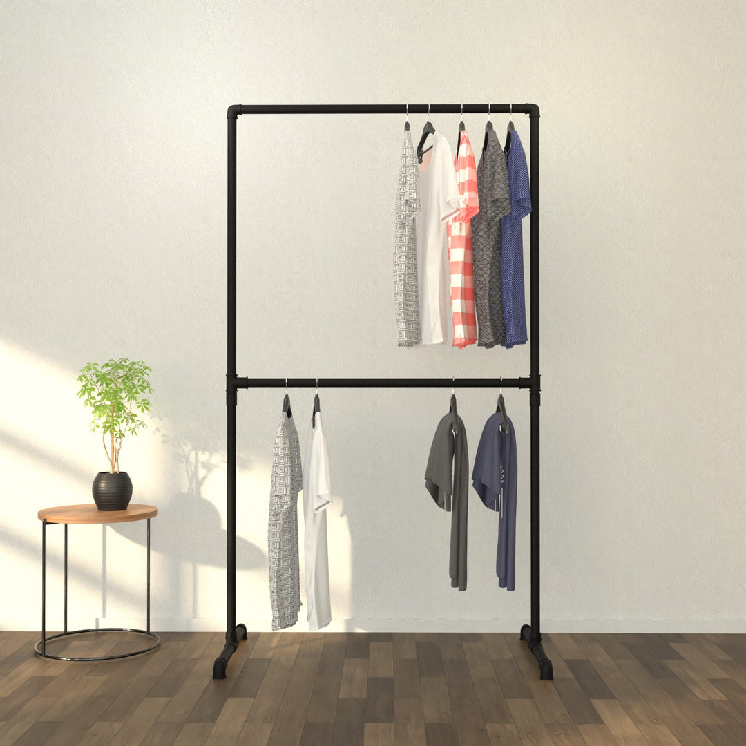 DuoStand free-standing double clothes rack, showcasing dual-layered elegance.