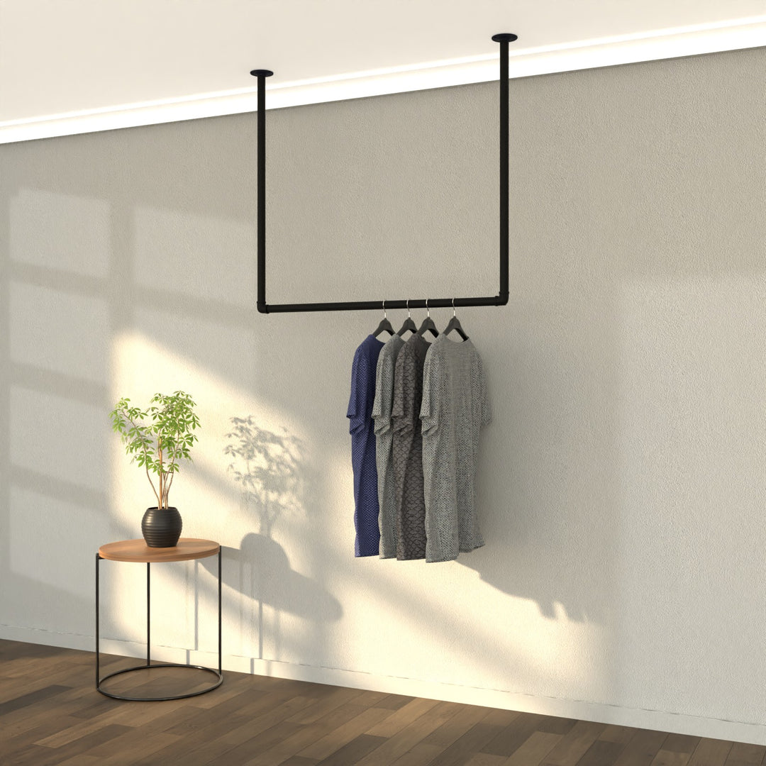 SkyHang ceiling-mounted clothes rack, offering an elevated approach to wardrobe organization.