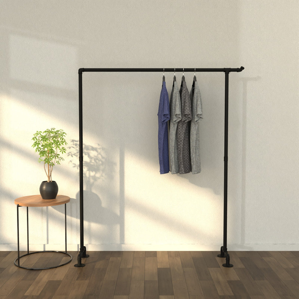 PipePrestige free-standing clothes rack crafted from sturdy pipes, showcasing industrial elegance.