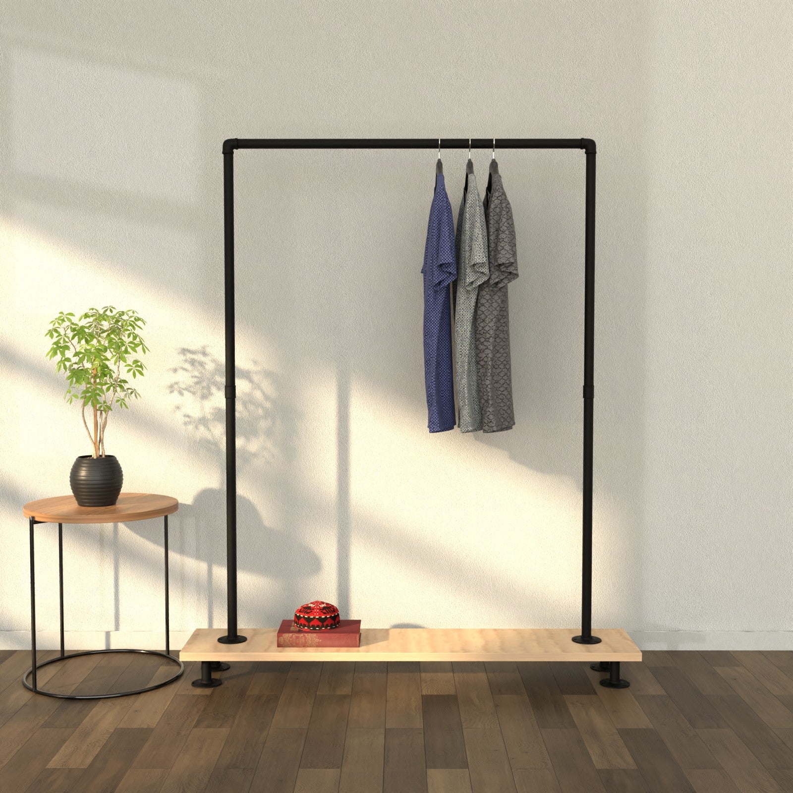 WoodBase free-standing clothes rack with a natural wooden bottom shelf.