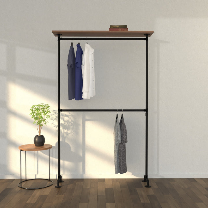 ShelfRise free-standing clothes rack featuring an upper shelf for versatile storage.