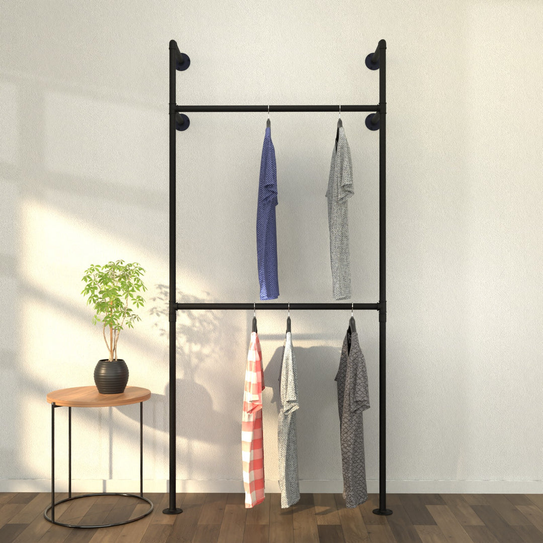 industrial pipe clothing rack showcasing urban minimalistic design