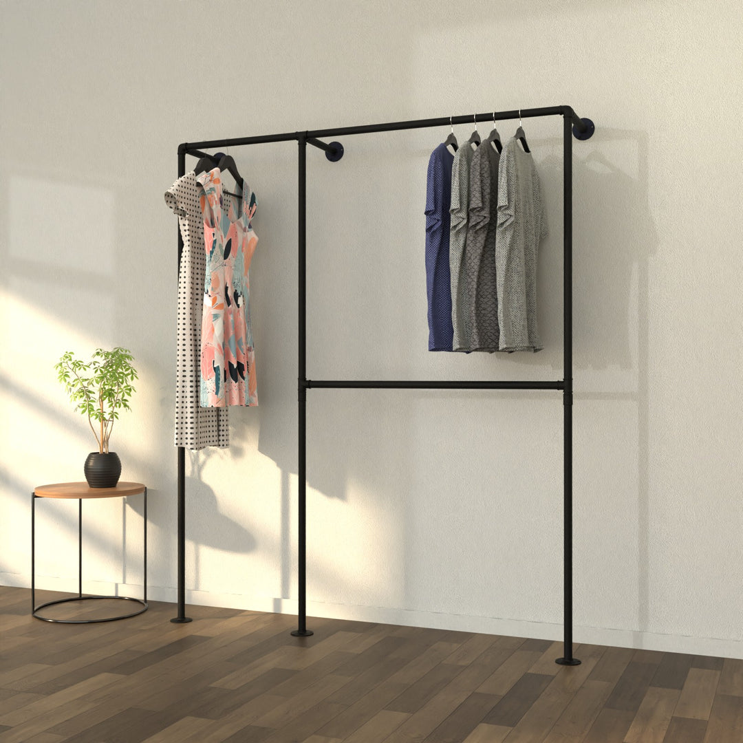 DressDuo wall-mounted double clothes rack, ideal for hanging long dresses.