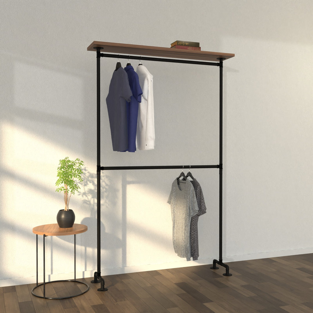 ShelfRise free-standing clothes rack featuring an upper shelf for versatile storage.