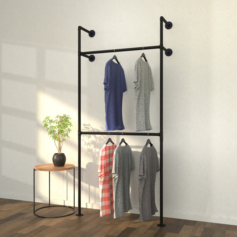 industrial pipe clothing rack showcasing urban minimalistic design