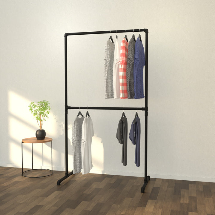 DuoStand free-standing double clothes rack, showcasing dual-layered elegance.