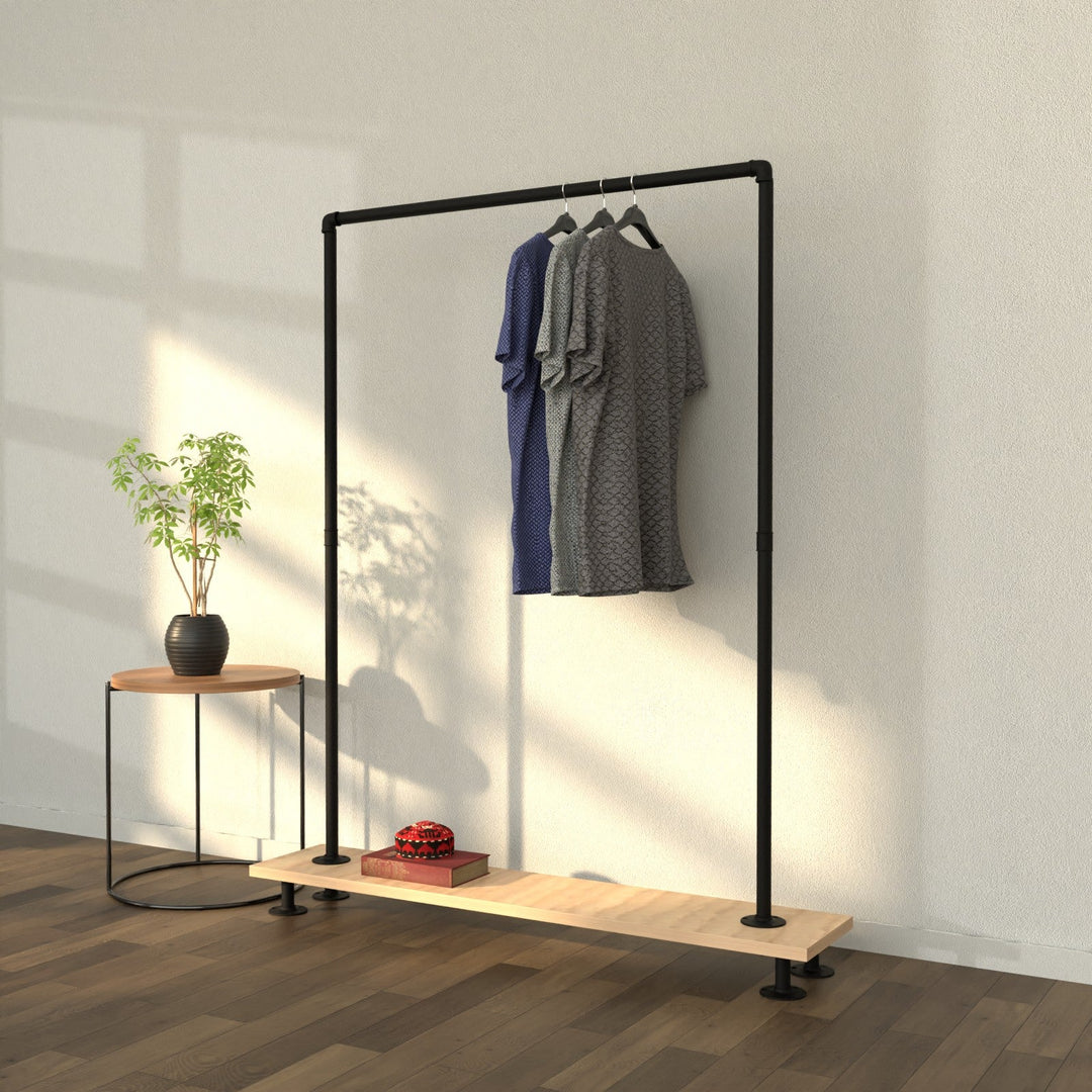 WoodBase free-standing clothes rack with a natural wooden bottom shelf.