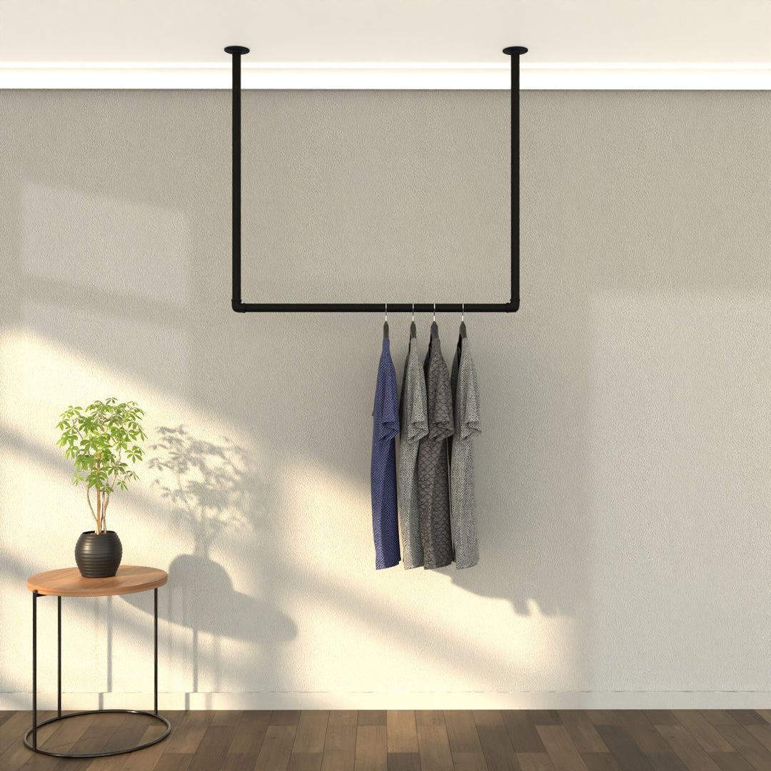 SkyHang ceiling-mounted clothes rack, offering an elevated approach to wardrobe organization.