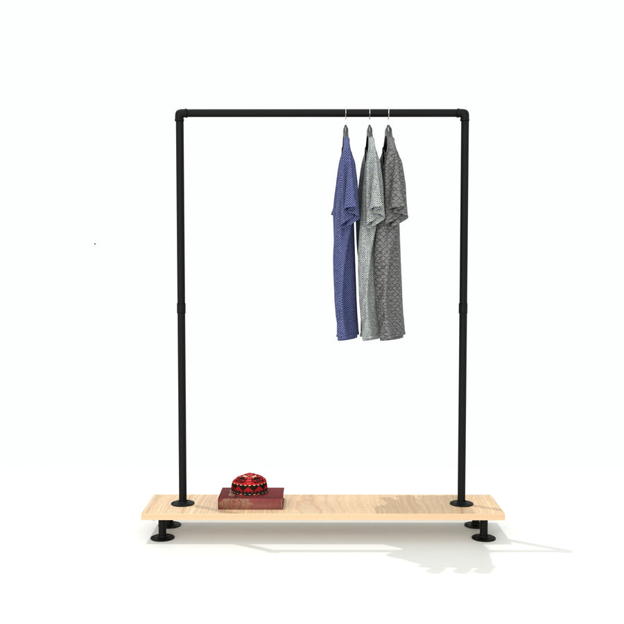 WoodBase free-standing clothes rack with a natural wooden bottom shelf.