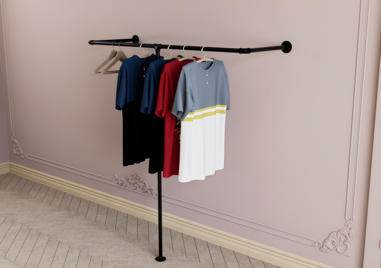 Industrial Wall & Floor Mounted Pipe Clothes Rack Wrap-Around Design (D96)