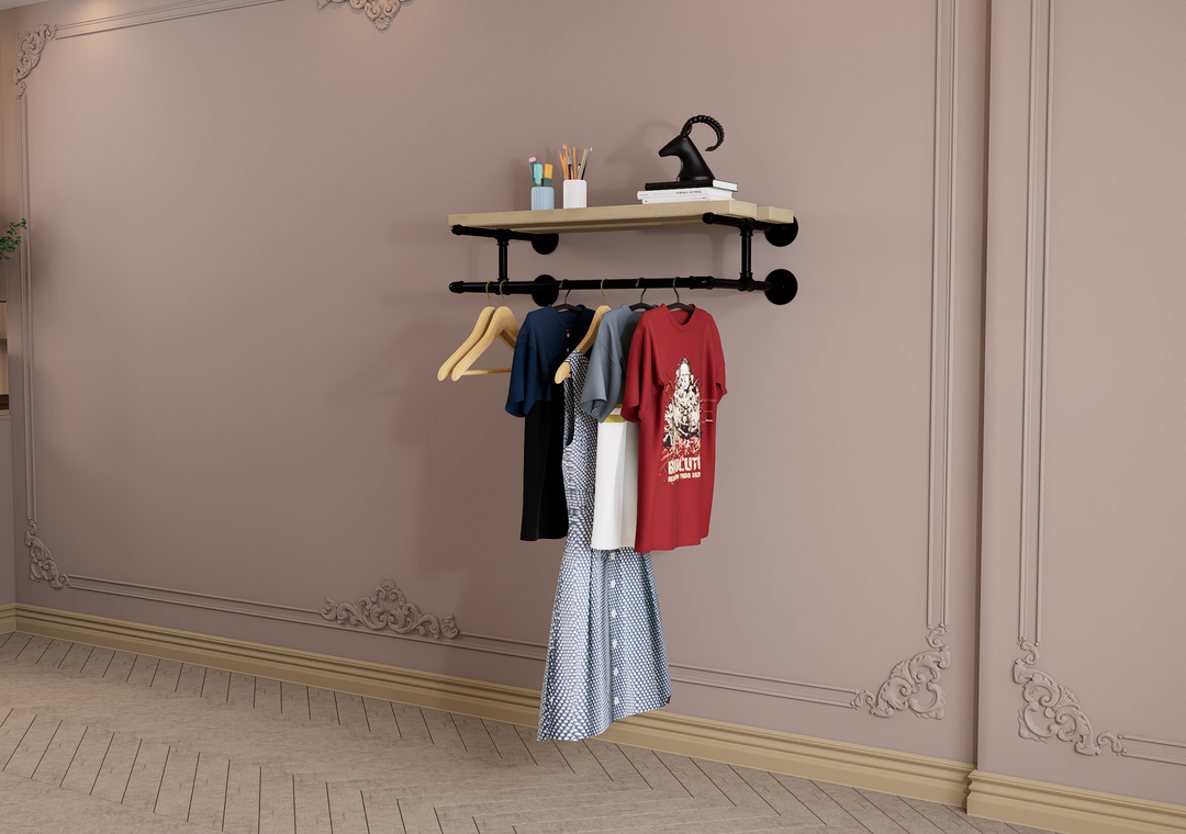 Compact Wall Shelf Bracket with Clothes Bar (3903)