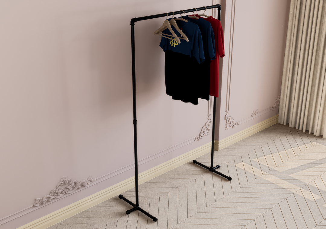 Minimal Industrial Garment Rail with Pipe Support Feet (D52)