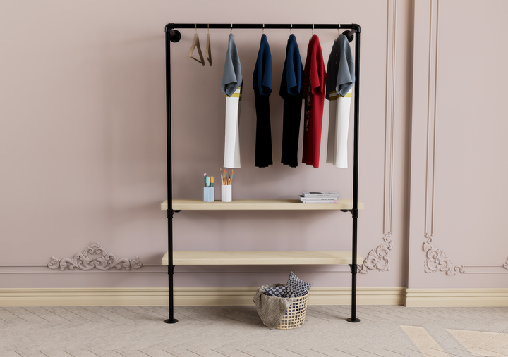 Industrial Wall & Floor Mounted Pipe Frame with Clothing Rack (D90)