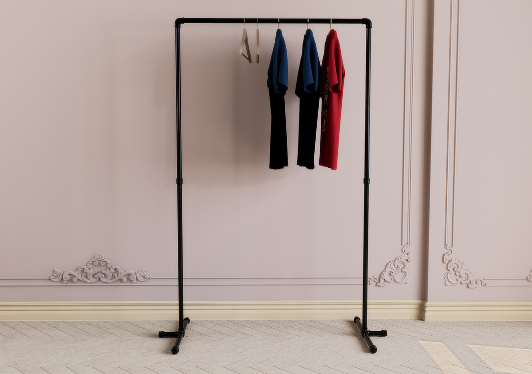 Minimal Industrial Garment Rail with Pipe Support Feet (D52)