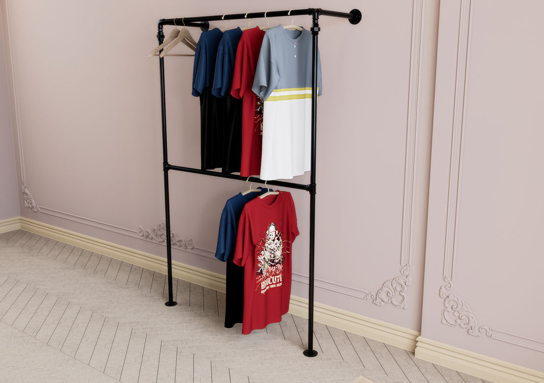 Minimalist Double Wall & Floor Mounted Industrial Pipe Clothes Rack (D93)