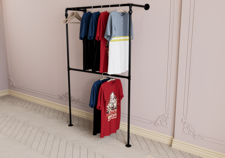 Minimalist Double Wall & Floor Mounted Industrial Pipe Clothes Rack (D93)