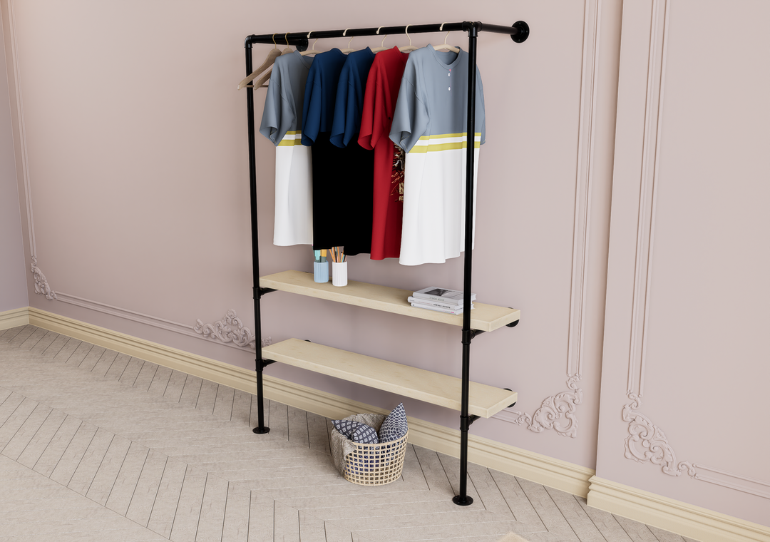 Industrial Wall & Floor Mounted Pipe Frame with Clothing Rack (D90)