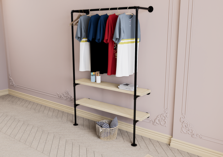 Industrial Wall & Floor Mounted Pipe Frame with Clothing Rack (D90)
