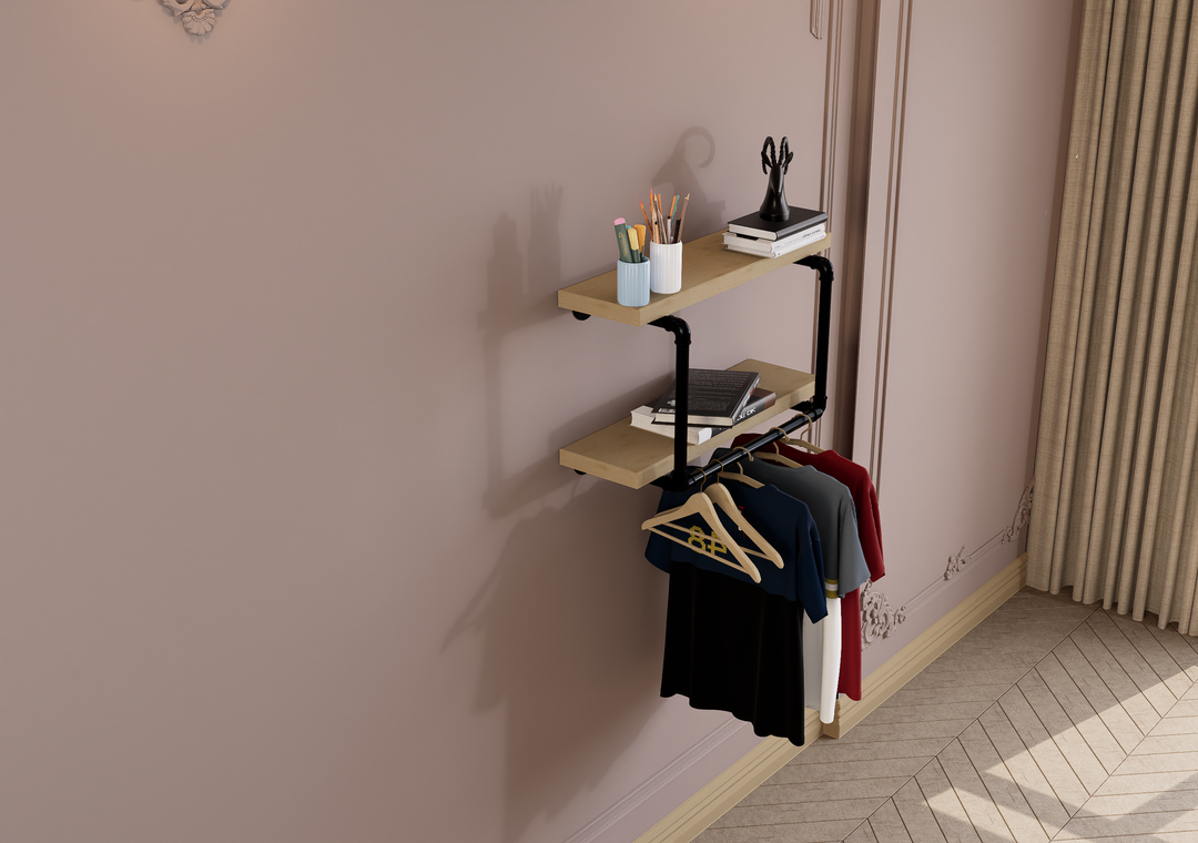 Compact Double Tier Shelf Bracket with Clothes Bar (3544)