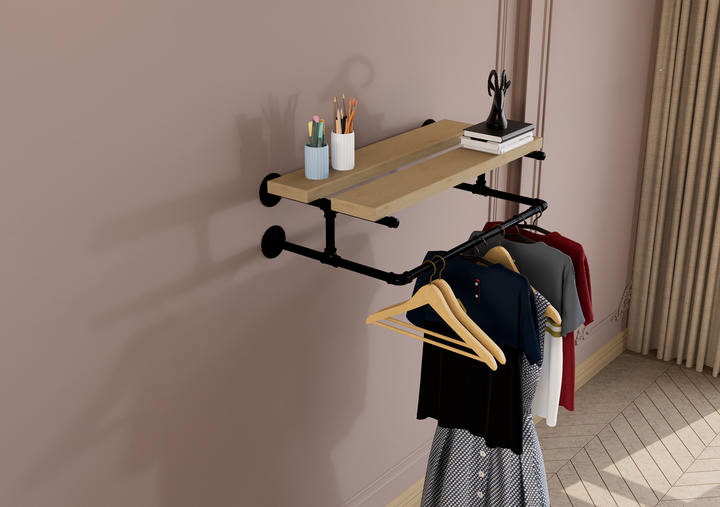 Compact Wall Shelf Bracket with Clothes Bar (3903)
