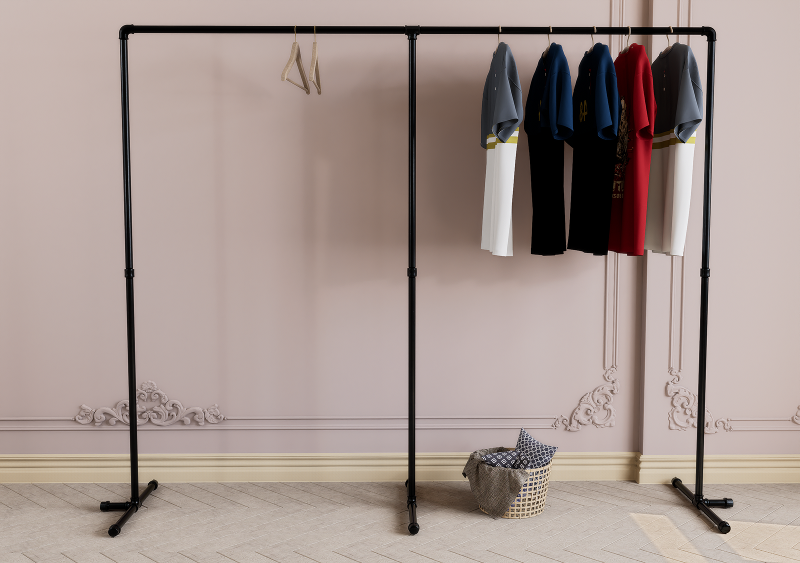 Double Free Standing Black Steel Pipe Clothes Rack (D64)