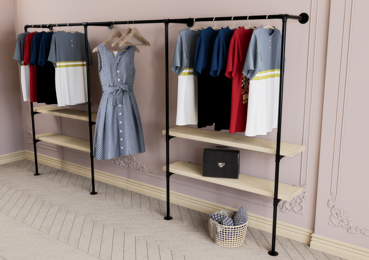 Industrial Black Steel Pipe Wall Mounted Clothing Rack with Double Shelf Storage (D77)
