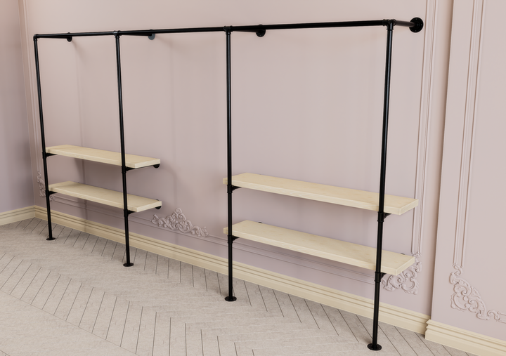 Industrial Black Steel Pipe Wall Mounted Clothing Rack with Double Shelf Storage (D77)
