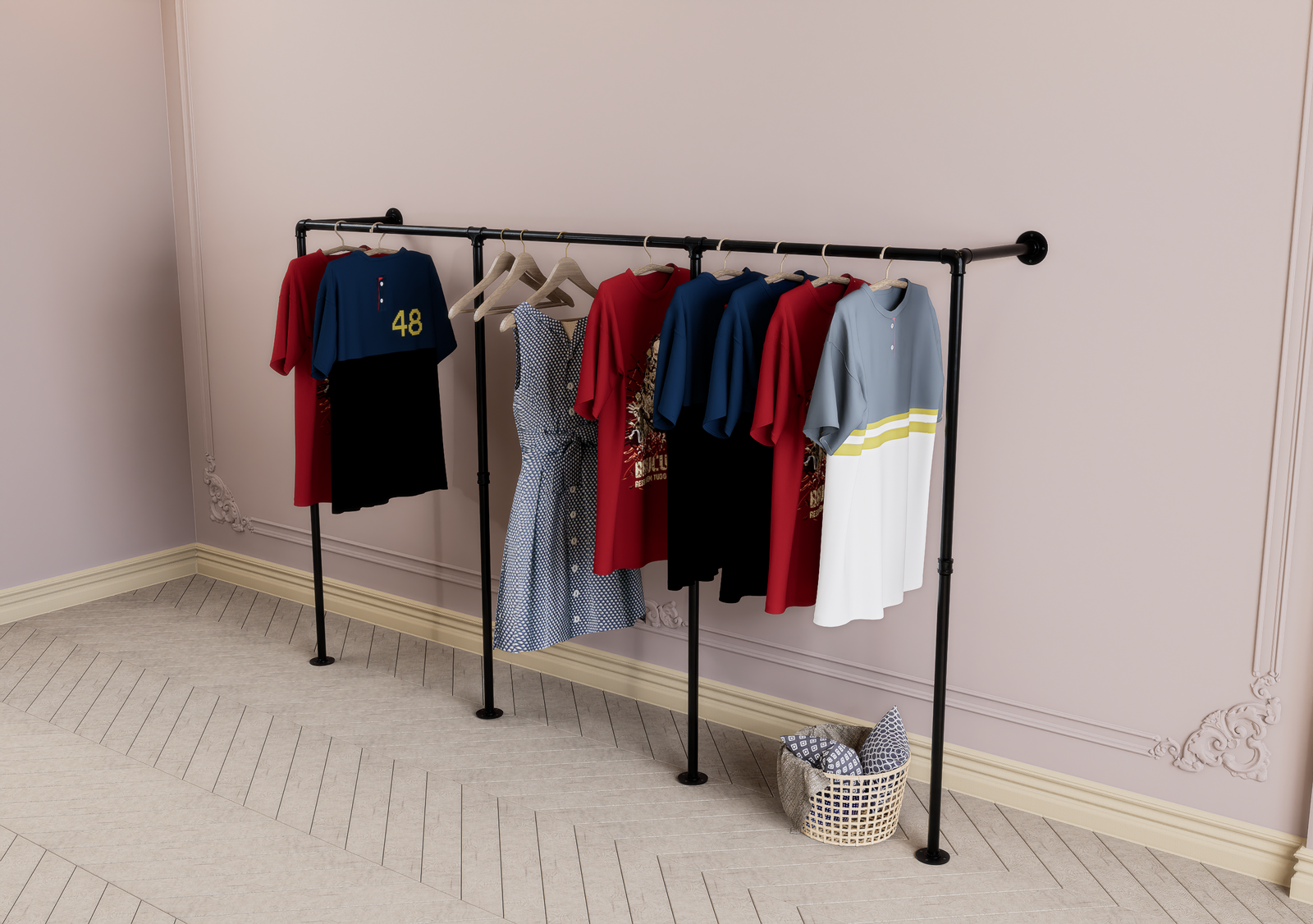 Industrial Wall Mounted Clothes Rack Triple Section (D116)