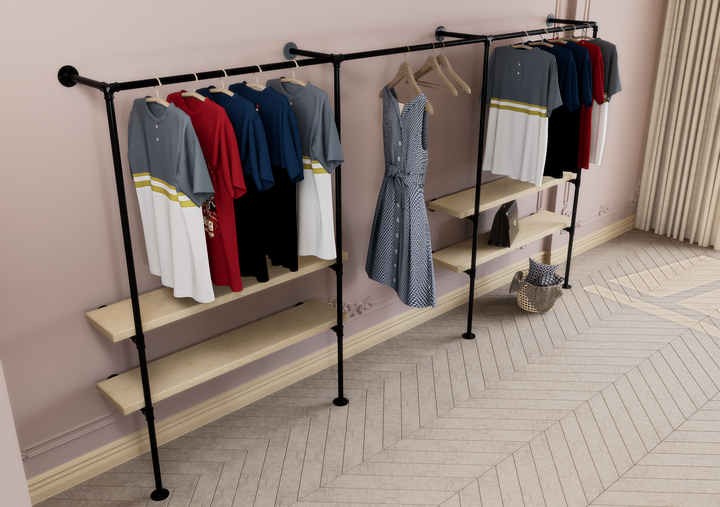 Industrial Black Steel Pipe Wall Mounted Clothing Rack with Double Shelf Storage (D77)
