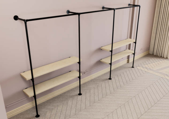 Industrial Black Steel Pipe Wall Mounted Clothing Rack with Double Shelf Storage (D77)