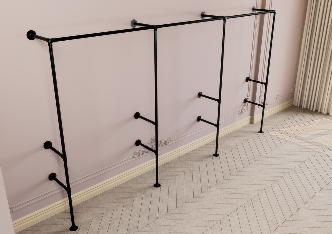 Industrial Black Steel Pipe Wall Mounted Clothing Rack with Double Shelf Storage (D77)