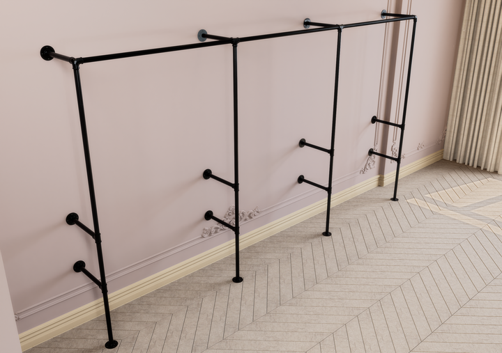 Industrial Black Steel Pipe Wall Mounted Clothing Rack with Double Shelf Storage (D77)