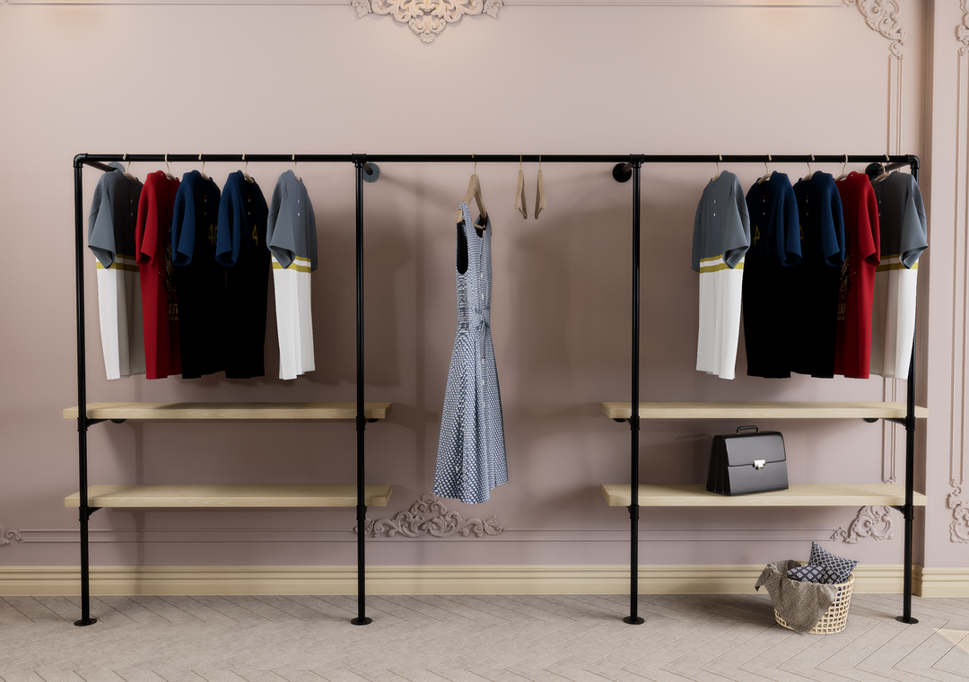 Industrial Black Steel Pipe Wall Mounted Clothing Rack with Double Shelf Storage (D77)