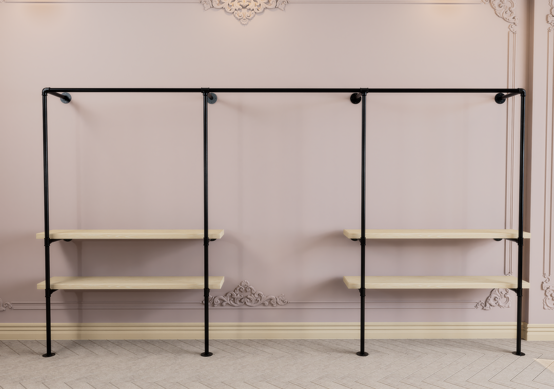 Industrial Black Steel Pipe Wall Mounted Clothing Rack with Double Shelf Storage (D77)