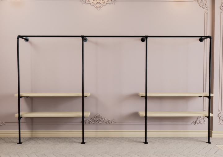 Industrial Black Steel Pipe Wall Mounted Clothing Rack with Double Shelf Storage (D77)