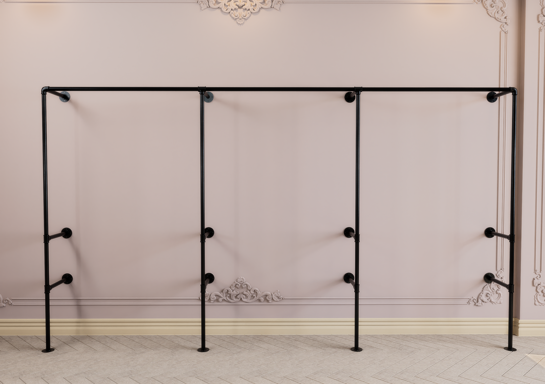 Industrial Black Steel Pipe Wall Mounted Clothing Rack with Double Shelf Storage (D77)