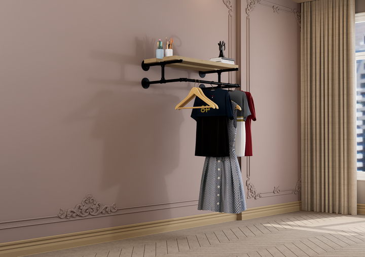 Compact Wall Shelf Bracket with Clothes Bar (3903)