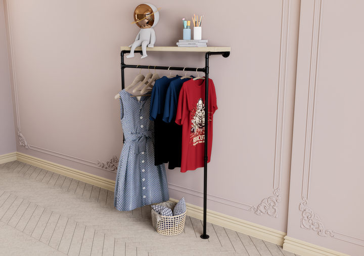 Minimalist Wall & Floor Mounted Clothes Rack with Top Shelf Bracket (D148)