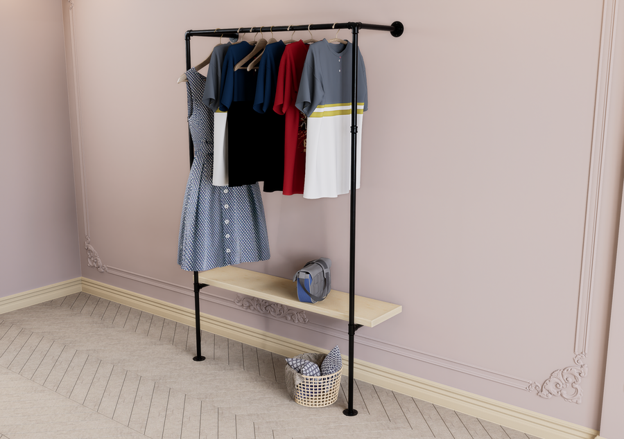 Wall & Floor Mounted Clothes Rack with Wide Lower Shelf Bracket (D144)