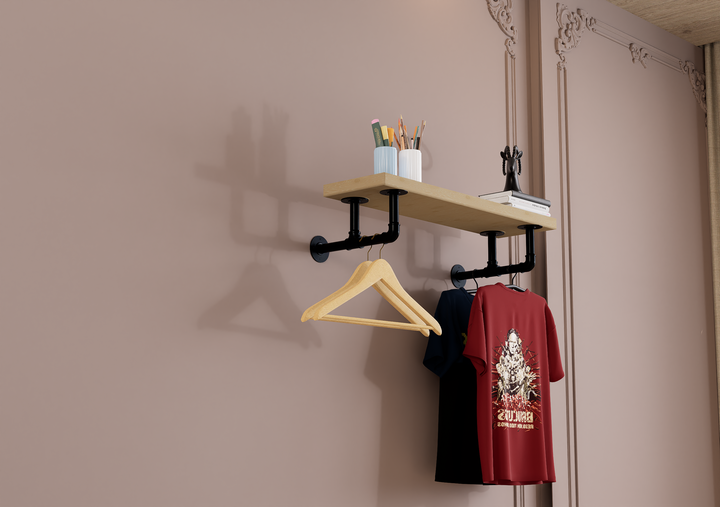 Rustic Wall Shelf Bracket with Hanging Rod (2259)