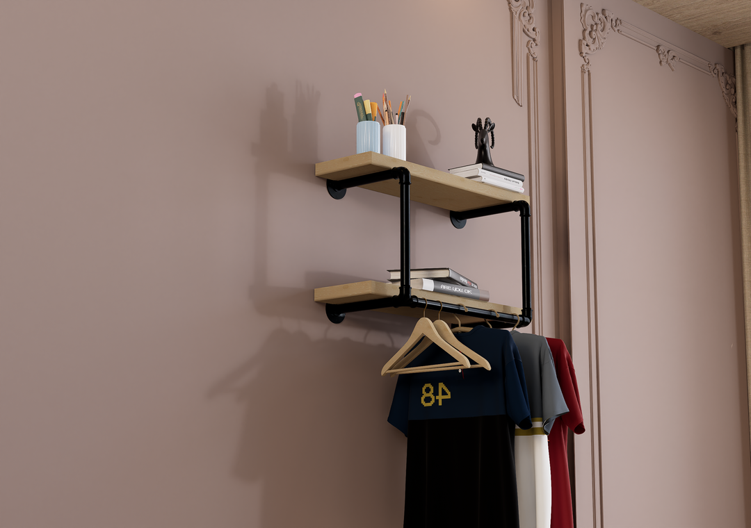 Compact Double Tier Shelf Bracket with Clothes Bar (3544)