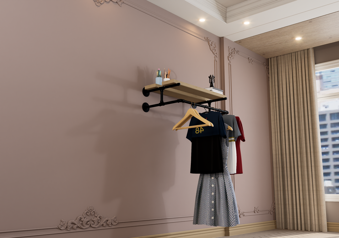 Compact Wall Shelf Bracket with Clothes Bar (3903)