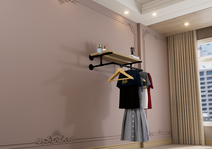 Compact Wall Shelf Bracket with Clothes Bar (3903)