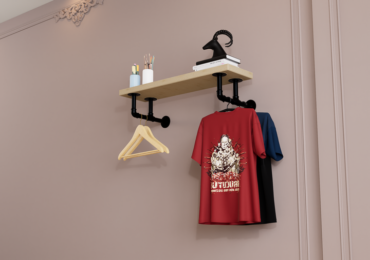 Rustic Wall Shelf Bracket with Hanging Rod (2259)