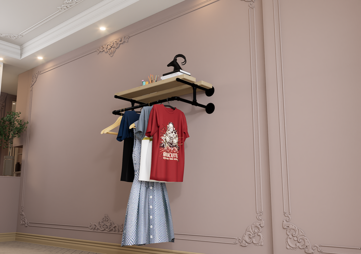 Compact Wall Shelf Bracket with Clothes Bar (3903)