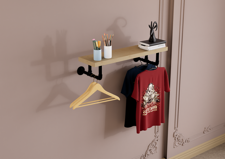 Rustic Wall Shelf Bracket with Hanging Rod (2259)