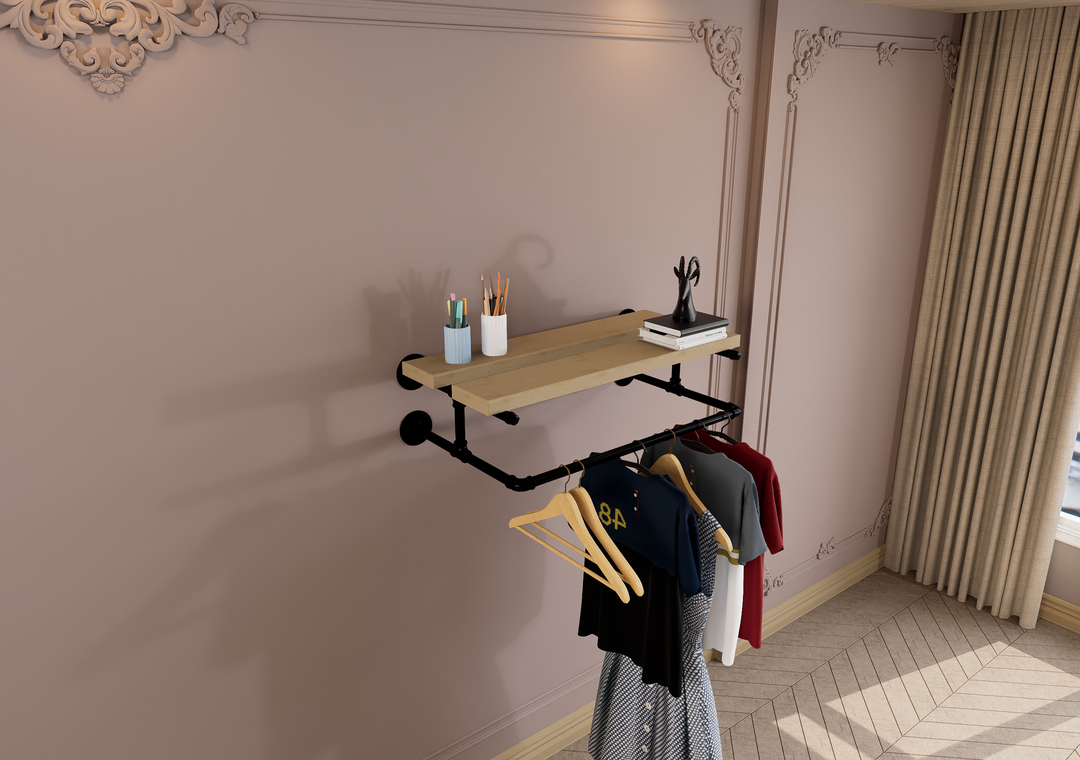 Compact Wall Shelf Bracket with Clothes Bar (3903)