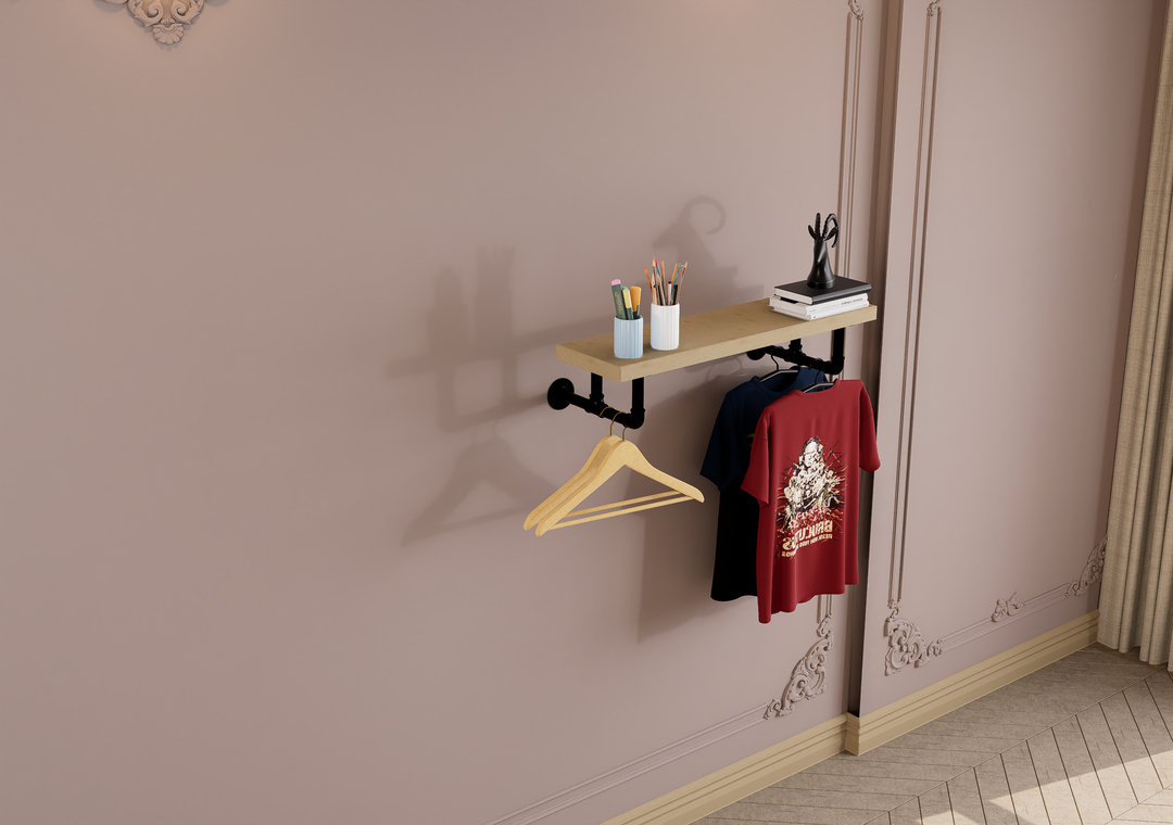 Rustic Wall Shelf Bracket with Hanging Rod (2259)