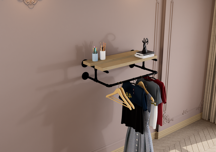 Compact Wall Shelf Bracket with Clothes Bar (3903)